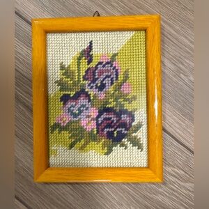 Framed Floral Cross Stitch in Yellow Frame